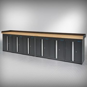 Établi PRO en chêne – 6 armoires de rangement – 400 cm – noir