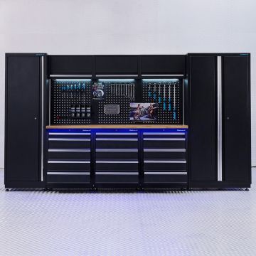 Aménagement d’atelier PREMIUM en chêne avec 3 blocs-tiroirs - 354 cm