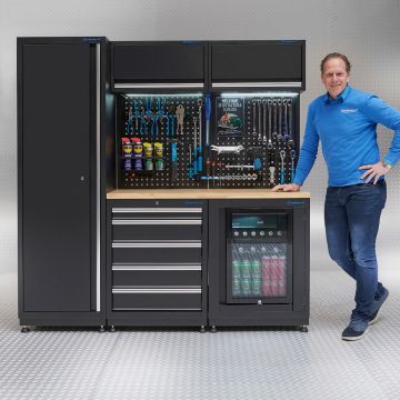 Meuble d'atelier PREMIUM - plan de travail en chêne et réfrigérateur – 200 cm