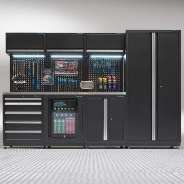 Meuble d'atelier PREMIUM - plan de travail en inox et réfrigérateur – 294 cm