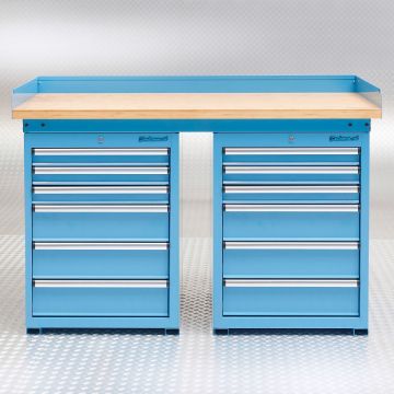 Établi bleu PRO 150cm - Bambou - 12 tiroirs