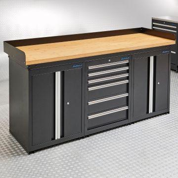 Établi PRO 200 cm - Bambou - 6 tiroirs - 2 armoires - Noir