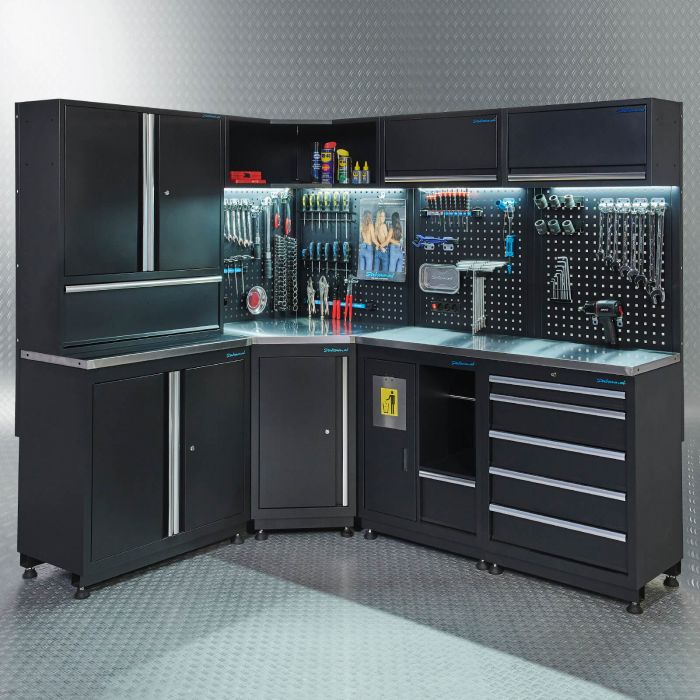 Aménagement d'atelier PREMIUM avec plan de travail en acier inoxydable de 410 cm de large