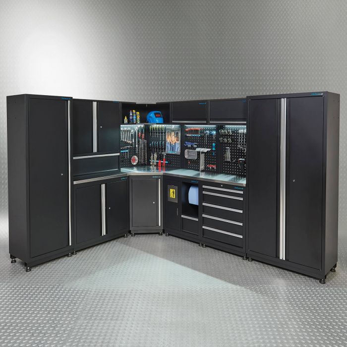Aménagement d'atelier PREMIUM avec plan de travail en acier inoxydable de 560 cm de large
