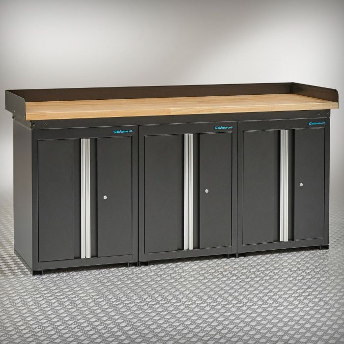 Établi PRO en chêne – 3 armoires de rangement – 200 cm – noir