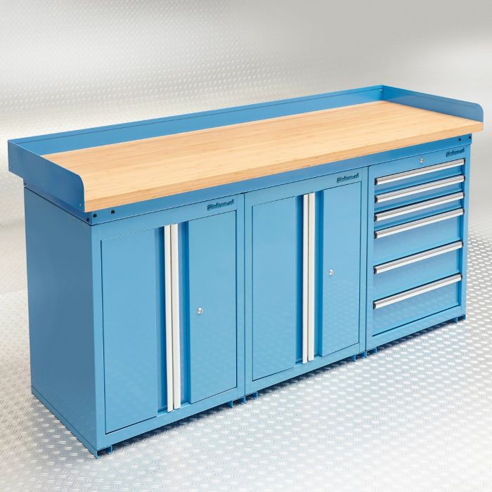 Établi bleu PRO 200 cm – Bambou – 2 armoires – 6 tiroirs
