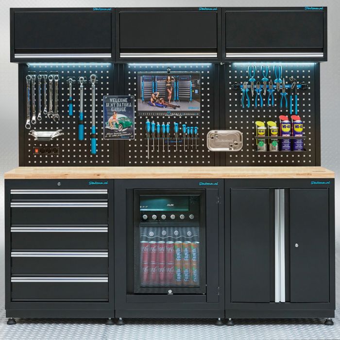 Meuble d'atelier PREMIUM - plan de travail en chêne et réfrigérateur – 204 cm