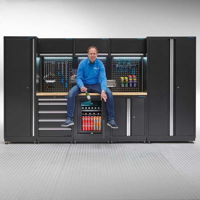 Meuble d'atelier PREMIUM - plan de travail en chêne et réfrigérateur – 354 cm