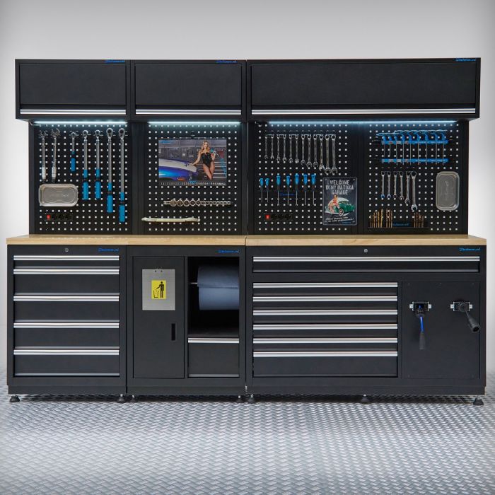 Meuble d'atelier PREMIUM avec plan de travail en chêne - 272 cm