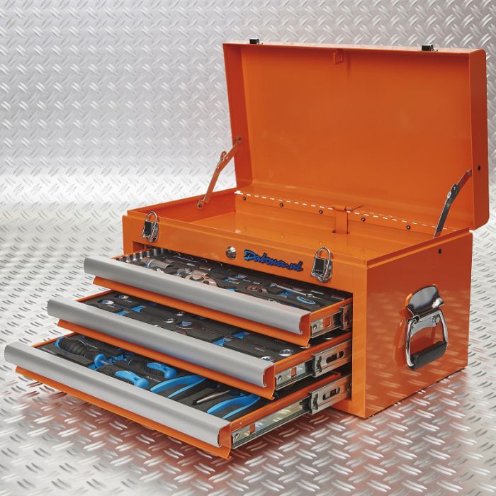 Caisse à outils avec 3 tiroirs - 3 tiroirs remplis – orange