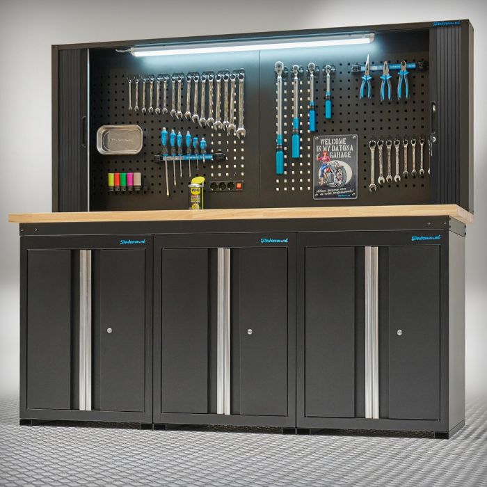Établi PRO en chêne – 3 armoires de rangement – 1 armoire pan à outils – 200 cm – noir