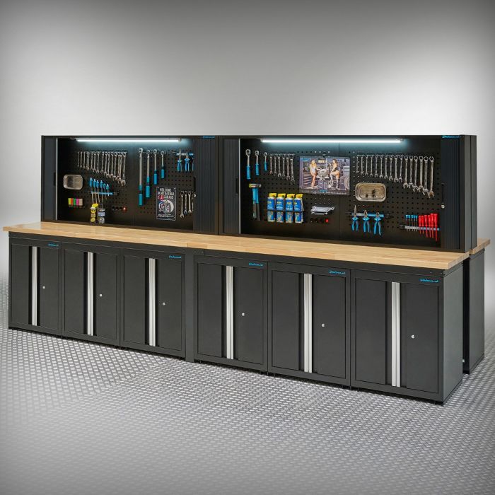 Établi PRO en chêne – 12 armoires de rangement – 4 armoires pan à outils – 400 cm – noir