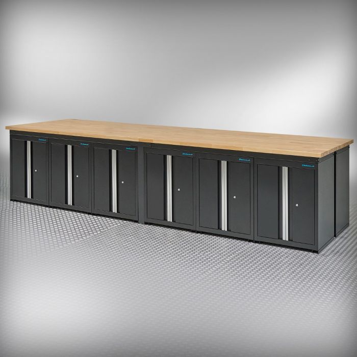 Établi PRO en chêne – 12 armoires de rangement – 400 cm – noir