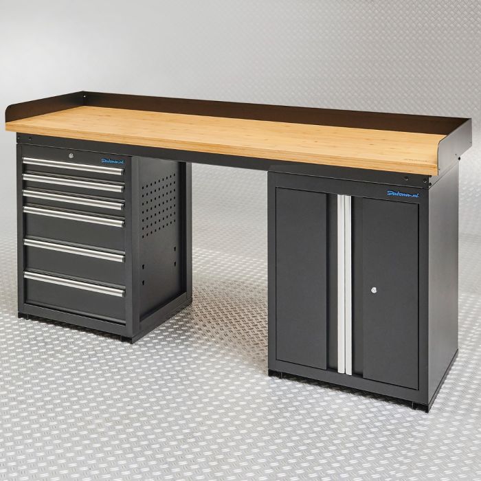 Établi PRO 200 cm - Chêne - 6 tiroirs - 1 armoire - Noir