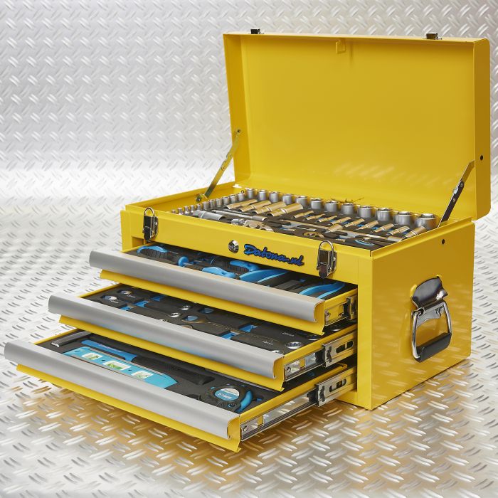 Caisse à outils avec 3 tiroirs - 4 tiroirs remplis - jaune