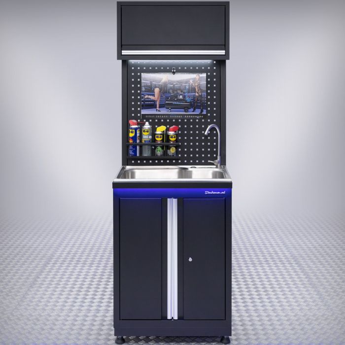 Évier avec robinet pour établi et atelier + panneau perforé et armoire suspendue