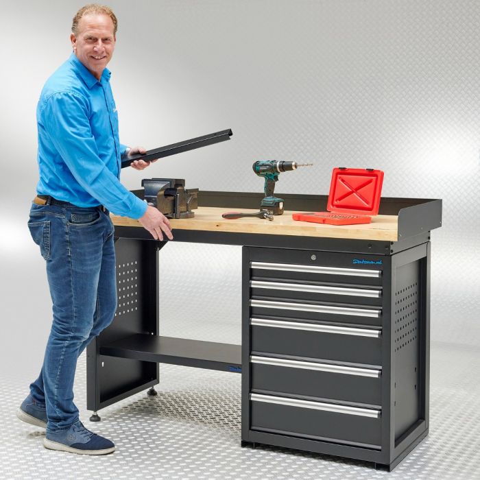 Établi PRO - plan de travail en chêne - 6 tiroirs - 150 cm - noir