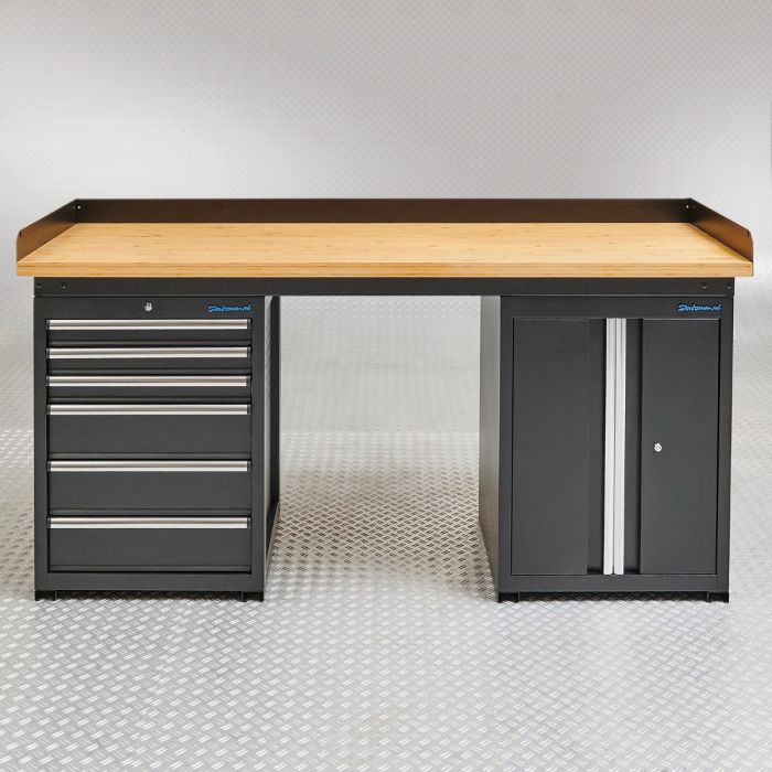 Établi PRO 200 cm - Bambou - 6 tiroirs - 1 armoire - Noir