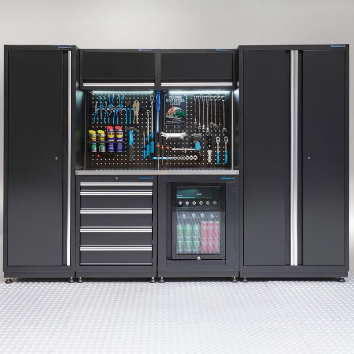 Meuble d'atelier PREMIUM - plan de travail en inox et réfrigérateur – 285 cm