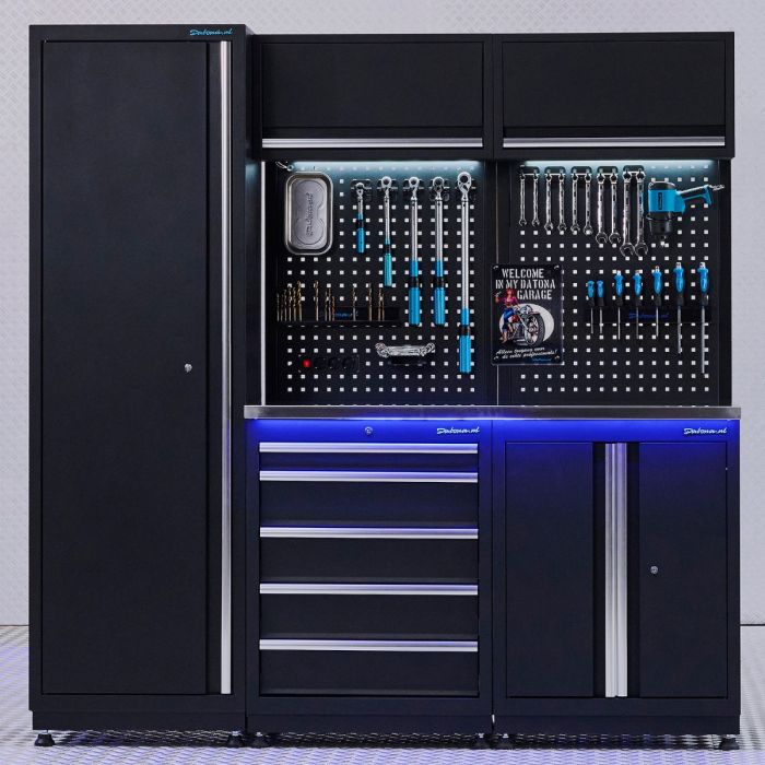 Aménagement d’atelier PREMIUM avec tiroir et armoire à portes - 200 cm - plan de travail en inox