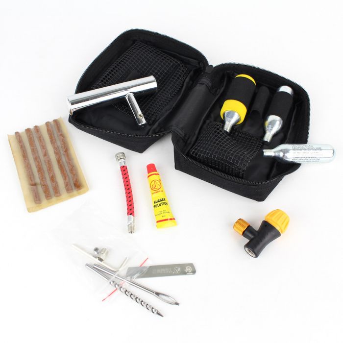 Kit de réparation pour pneus auto et moto avec cartouches CO2 et mèches