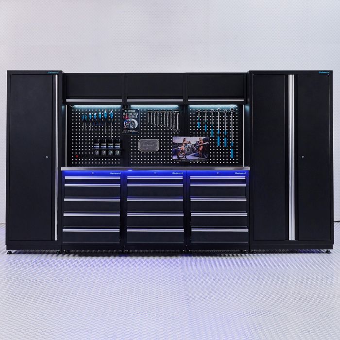 Aménagement d’atelier PREMIUM en inox avec 3 blocs-tiroirs - 354 cm