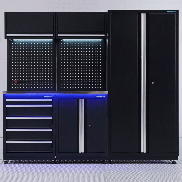 Aménagement d’atelier PREMIUM en inox avec tiroir et armoire à portes - 225 cm