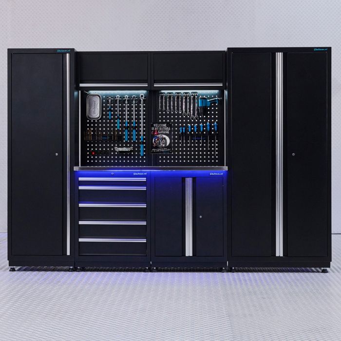 Aménagement d’atelier PREMIUM en inox avec tiroir et armoire à portes - 285 cm
