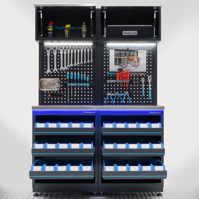 Meuble d’atelier PREMIUM avec plan de travail en inox et bacs de rangement – 136 cm