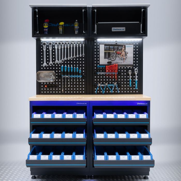 Meuble d’atelier PREMIUM avec plan de travail en chêne et bacs de rangement – 136 cm