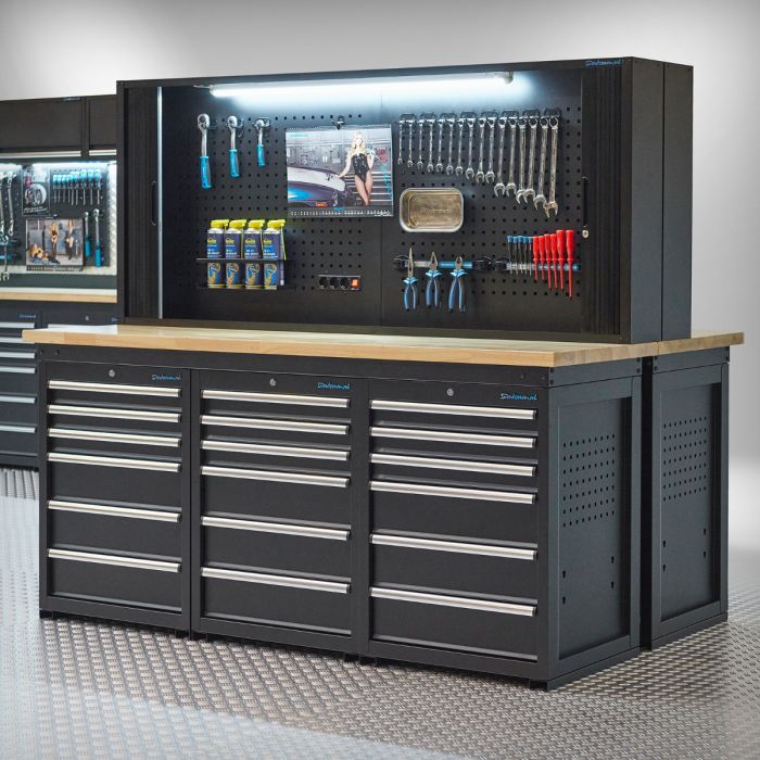 Établi PRO – Chêne – 36 tiroirs – armoire à outils – Noir