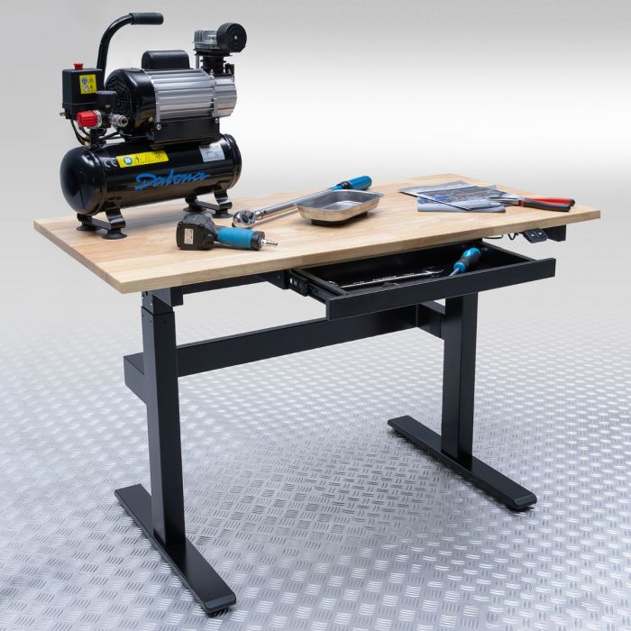 Établi réglable – Table de travail à hauteur réglable électriquement avec plateau en chêne et tiroir