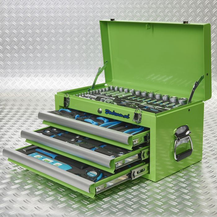 Caisse à outils avec 3 tiroirs - 4 tiroirs remplis – verte