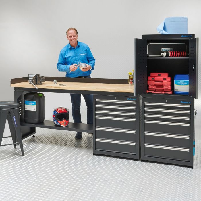 Établi 200 cm - 1 armoire à portes + 2 meuble à tiroirs - Plan de travail en bambou