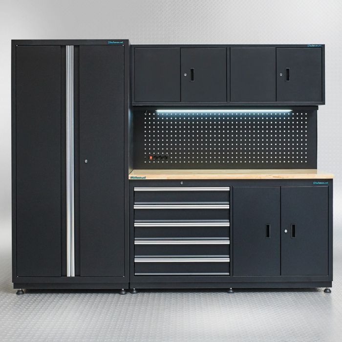 Établi 160 cm avec meuble supérieur et armoire latérale