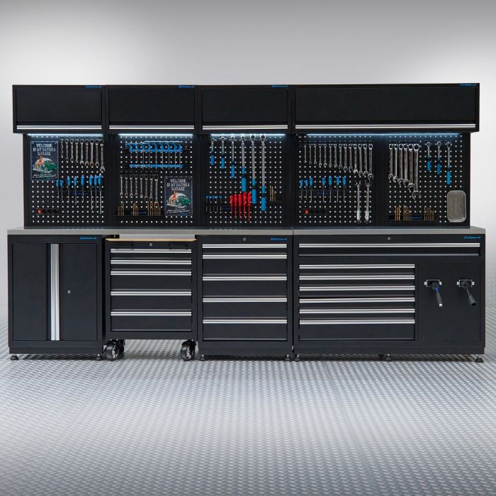 Meuble d’atelier PREMIUM avec plan de travail en inox et tiroirs extra larges – 340 cm
