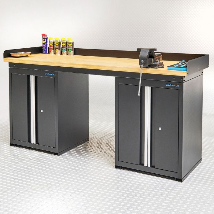 Établi PRO 200 cm - Chêne - 2 armoires - Noir