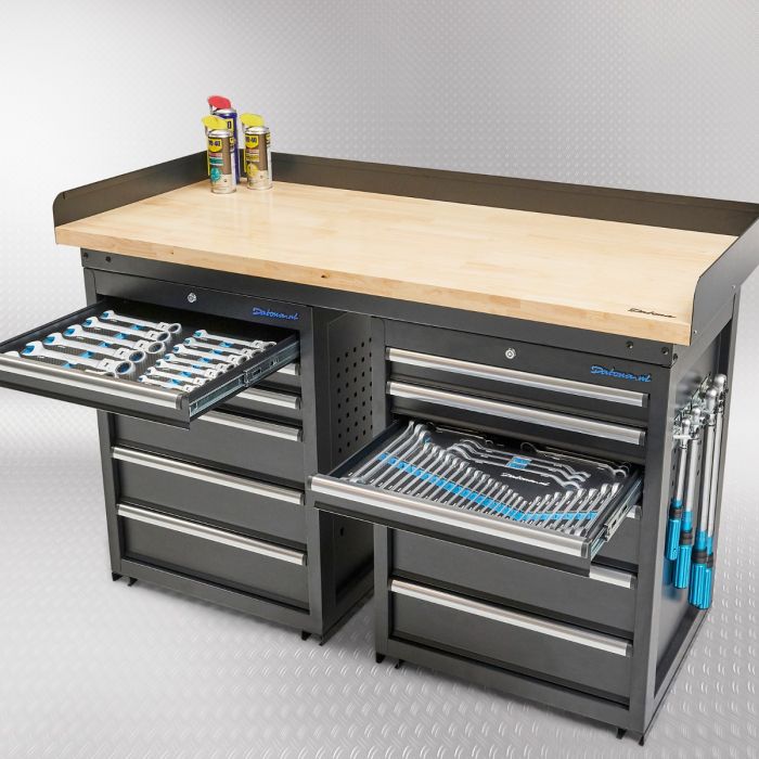 Établi PRO 150cm - Bambou - 12 tiroirs + pans à outils