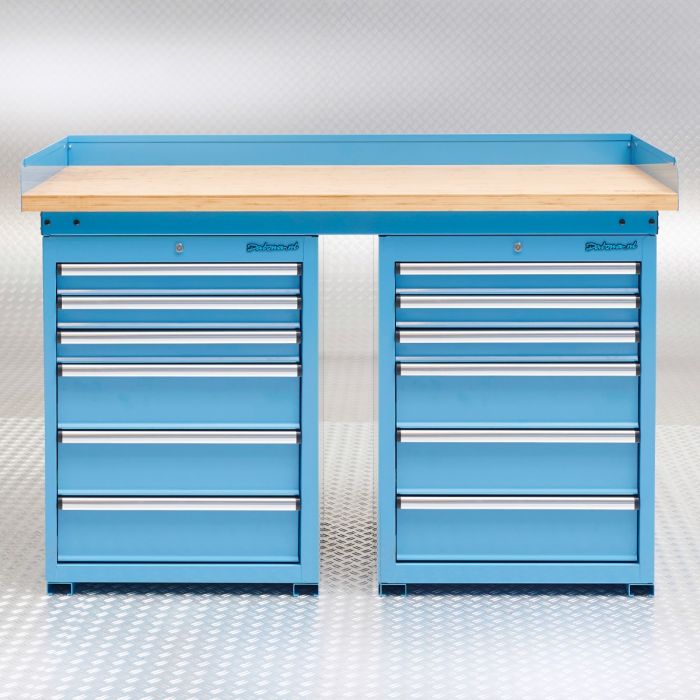 Établi bleu PRO 150cm - Bambou - 12 tiroirs