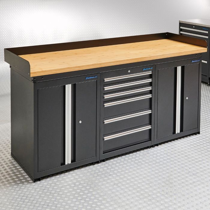 Établi PRO 200 cm - Bambou - 6 tiroirs - 2 armoires - Noir